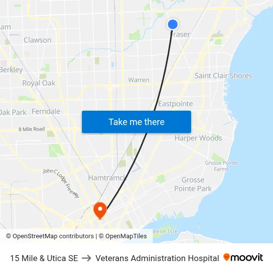15 Mile & Utica SE to Veterans Administration Hospital map