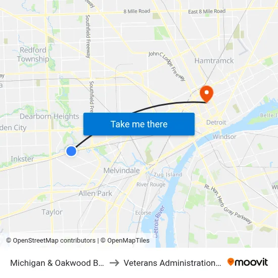 Michigan & Oakwood Boulevard to Veterans Administration Hospital map