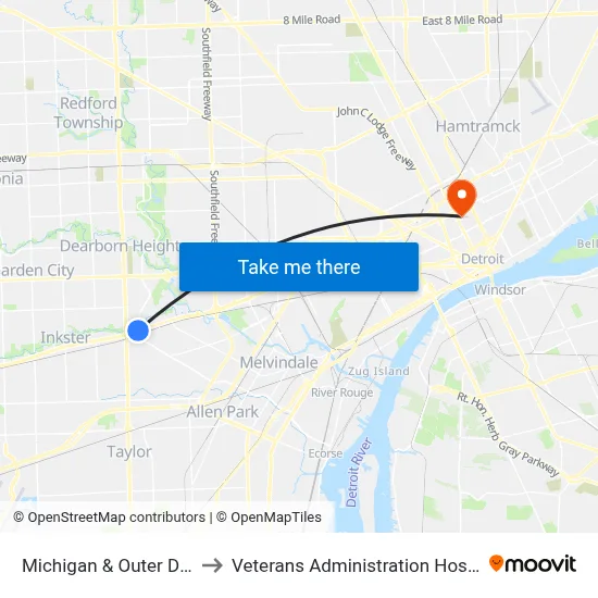 Michigan & Outer Drive to Veterans Administration Hospital map
