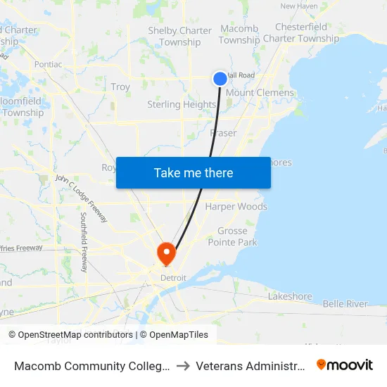 Macomb Community College Center Campus to Veterans Administration Hospital map