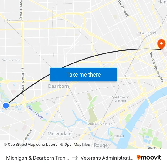 Michigan & Dearborn Transit Center Wb to Veterans Administration Hospital map