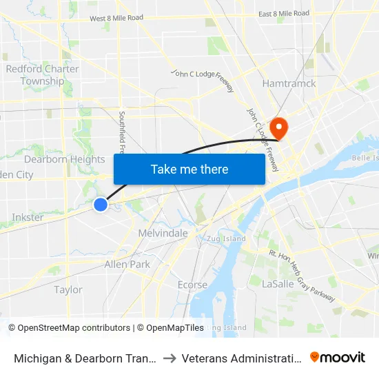 Michigan & Dearborn Transit Center Eb to Veterans Administration Hospital map