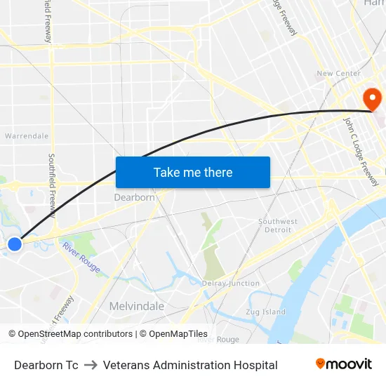 Dearborn Tc to Veterans Administration Hospital map