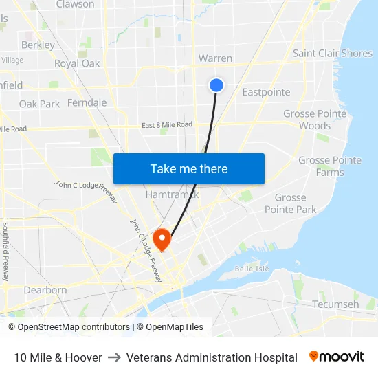 10 Mile & Hoover to Veterans Administration Hospital map