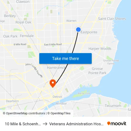 10 Mile & Schoenherr to Veterans Administration Hospital map