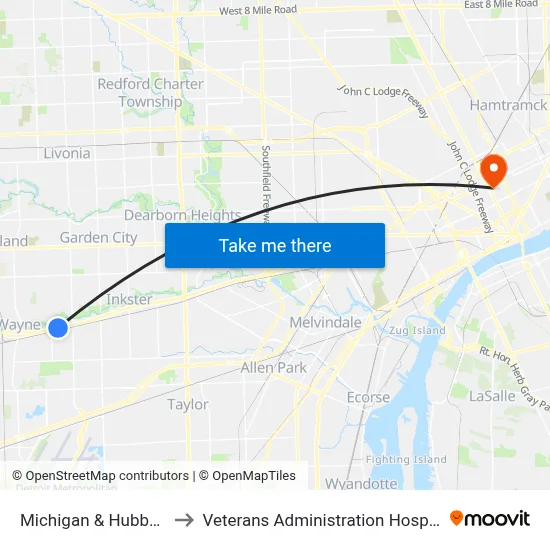Michigan & Hubbard to Veterans Administration Hospital map