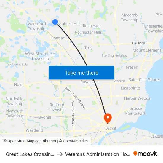 Great Lakes Crossing to Veterans Administration Hospital map