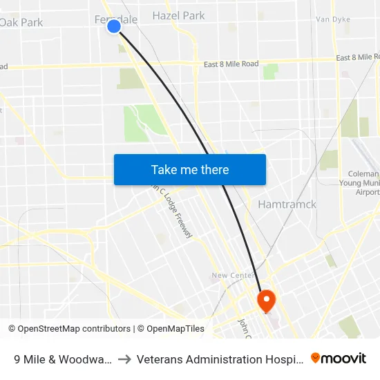 9 Mile & Woodward to Veterans Administration Hospital map