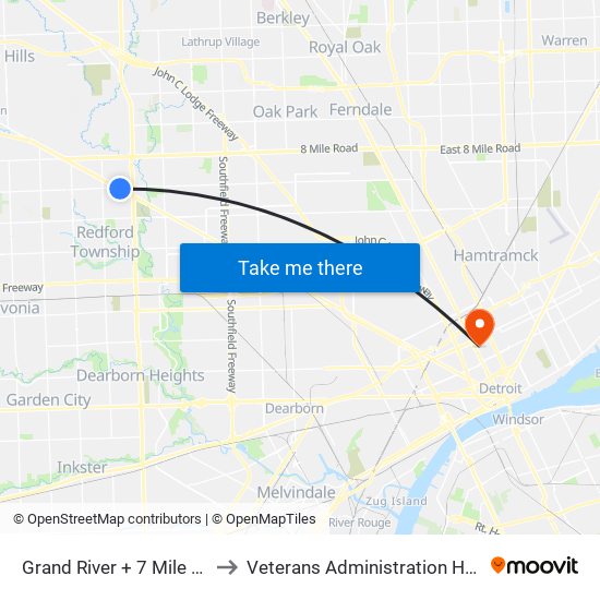 Grand River + 7 Mile Rd SE to Veterans Administration Hospital map