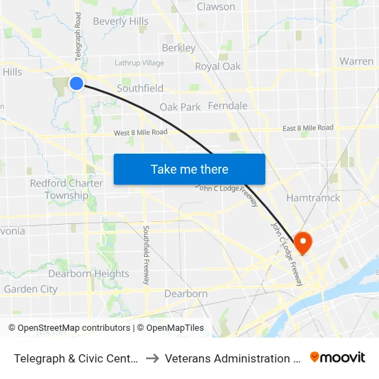 Telegraph & Civic Center Drive to Veterans Administration Hospital map