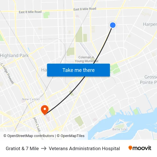 Gratiot & 7 Mile to Veterans Administration Hospital map