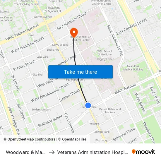 Woodward & Mack to Veterans Administration Hospital map