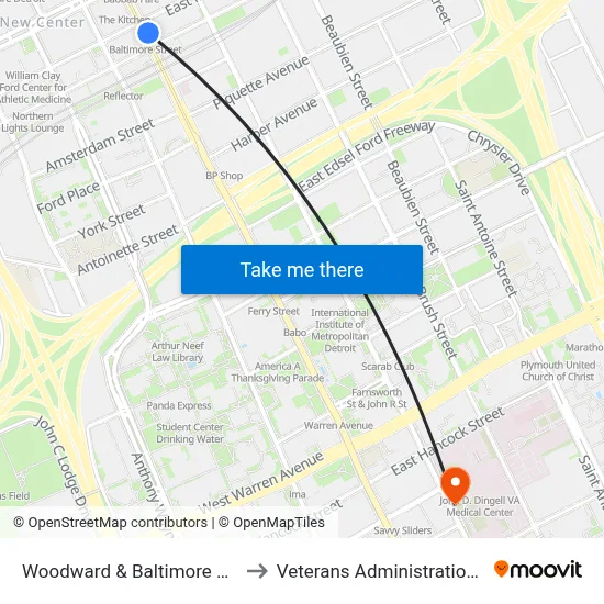 Woodward & Baltimore Milwaukee to Veterans Administration Hospital map