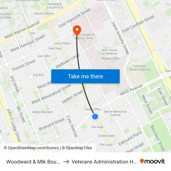 Woodward & Mlk Boulevard to Veterans Administration Hospital map