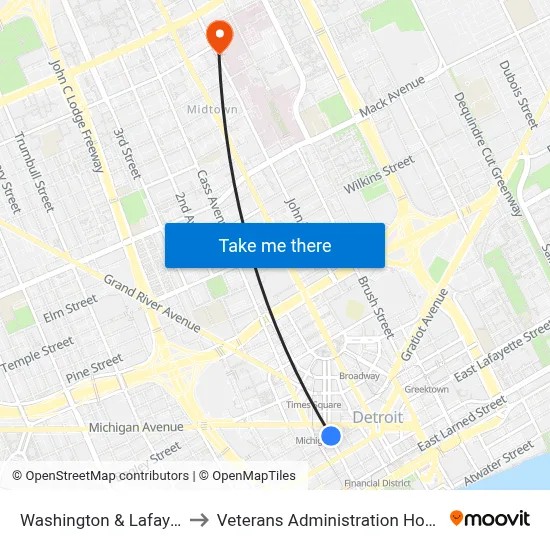 Washington & Lafayette to Veterans Administration Hospital map