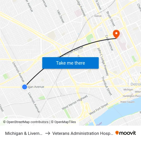 Michigan & Livernois to Veterans Administration Hospital map
