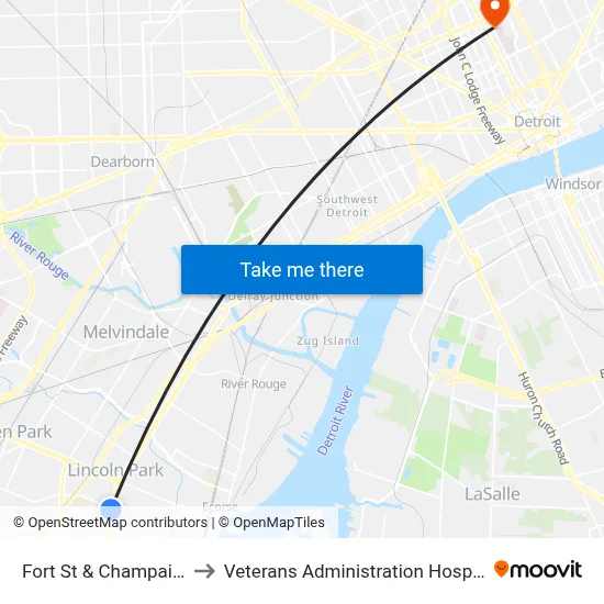 Fort St & Champaign to Veterans Administration Hospital map