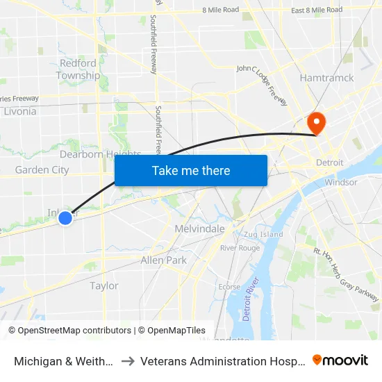 Michigan & Weithoff to Veterans Administration Hospital map