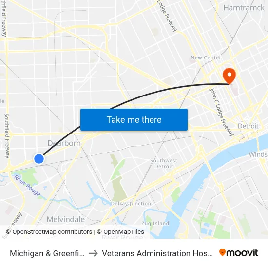 Michigan & Greenfield to Veterans Administration Hospital map