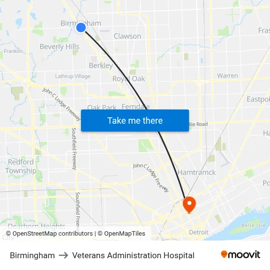 Birmingham to Veterans Administration Hospital map