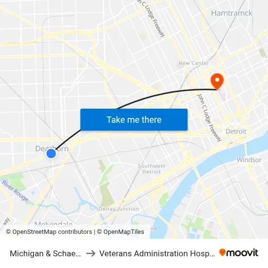 Michigan & Schaefer to Veterans Administration Hospital map
