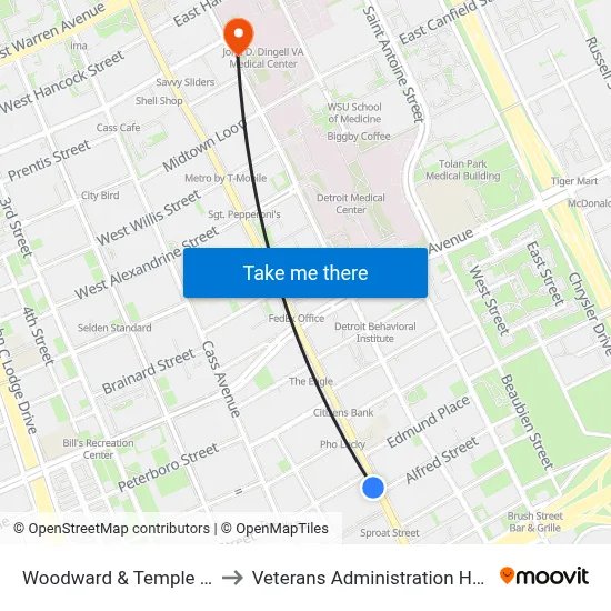 Woodward & Temple (Lca) to Veterans Administration Hospital map