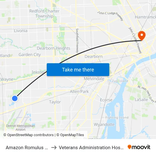 Amazon Romulus Wb to Veterans Administration Hospital map