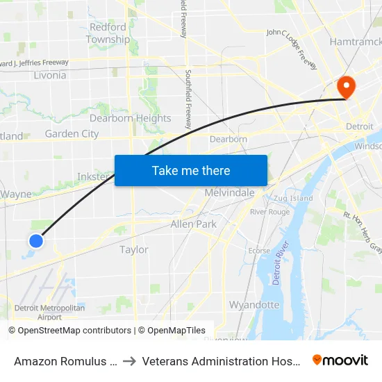 Amazon Romulus Eb to Veterans Administration Hospital map
