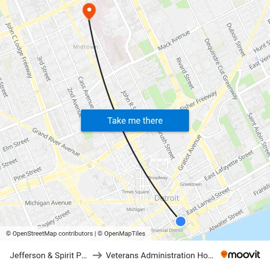 Jefferson & Spirit Plaza to Veterans Administration Hospital map
