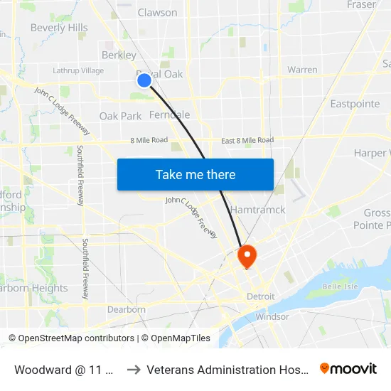 Woodward @ 11 Mile to Veterans Administration Hospital map