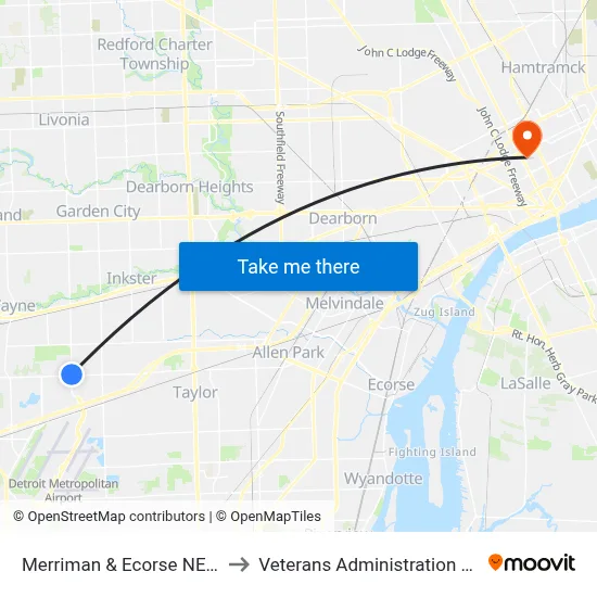 Merriman & Ecorse NE Corner to Veterans Administration Hospital map