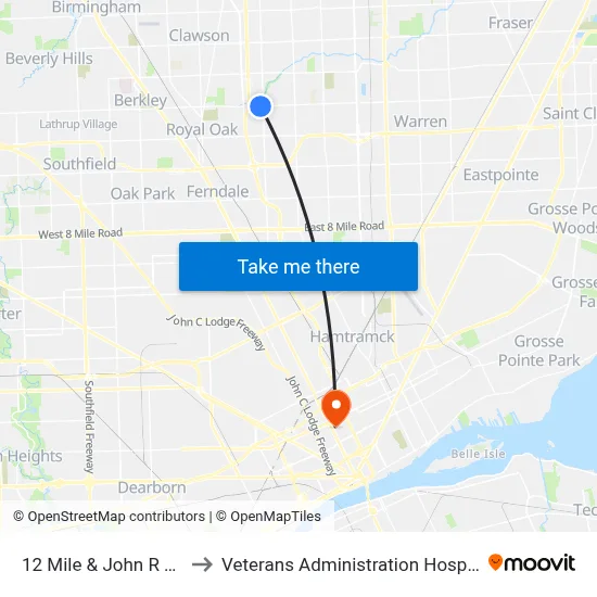 12 Mile & John R SW to Veterans Administration Hospital map