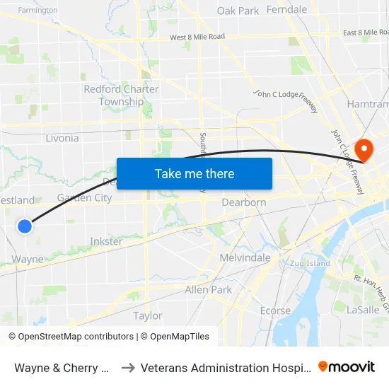 Wayne & Cherry Hill to Veterans Administration Hospital map