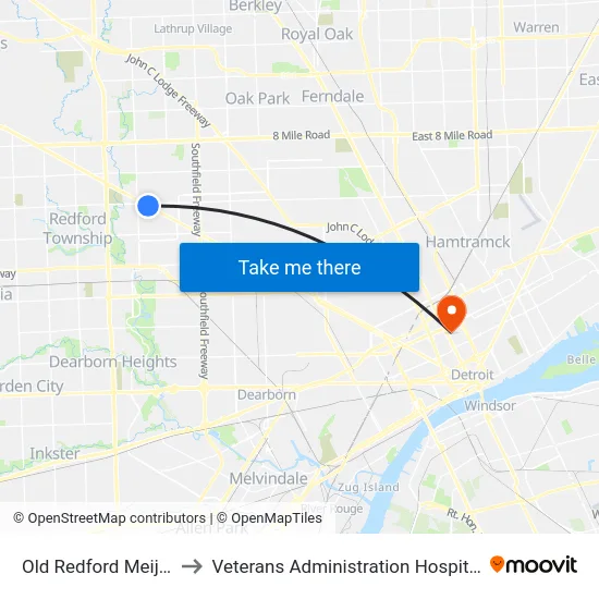 Old Redford Meijer to Veterans Administration Hospital map