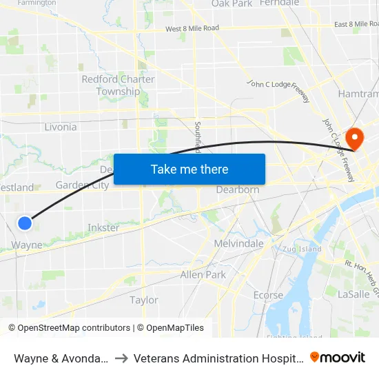 Wayne & Avondale to Veterans Administration Hospital map