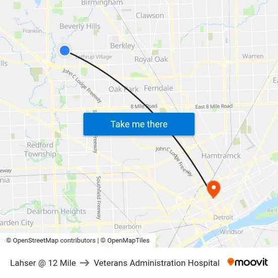 Lahser @ 12 Mile to Veterans Administration Hospital map