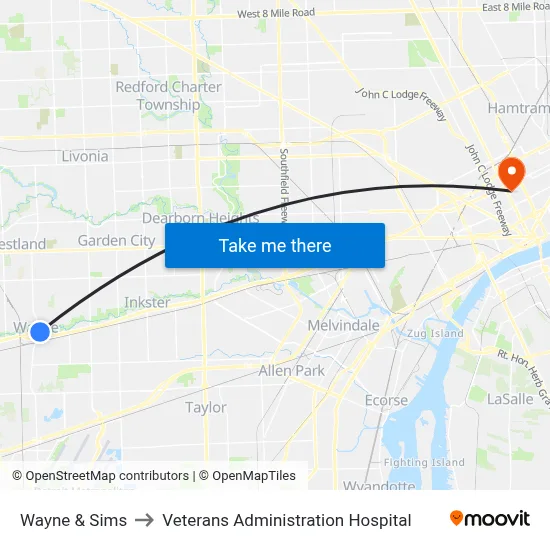 Wayne & Sims to Veterans Administration Hospital map