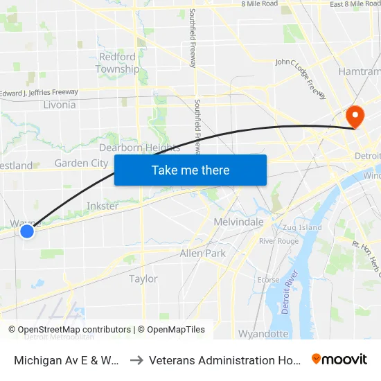 Michigan Av E & Wayne to Veterans Administration Hospital map
