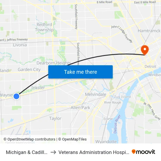 Michigan & Cadillac to Veterans Administration Hospital map
