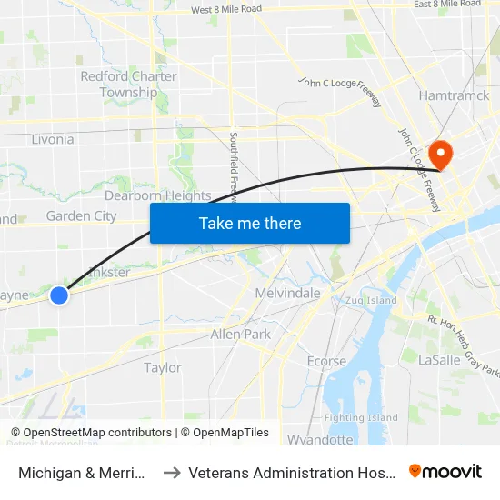Michigan & Merriman to Veterans Administration Hospital map