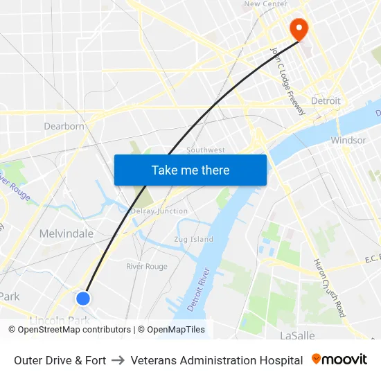 Outer Drive & Fort to Veterans Administration Hospital map