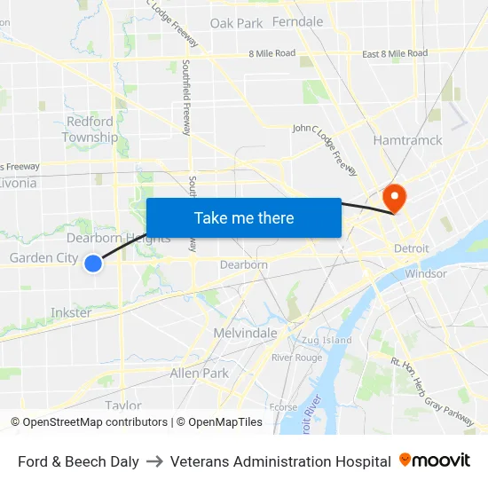 Ford & Beech Daly to Veterans Administration Hospital map