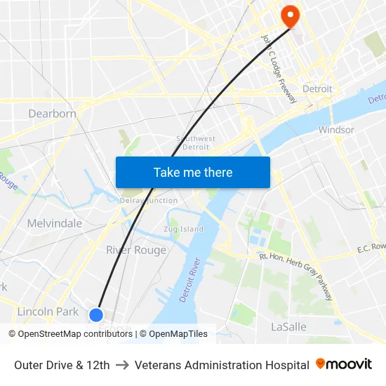 Outer Drive & 12th to Veterans Administration Hospital map