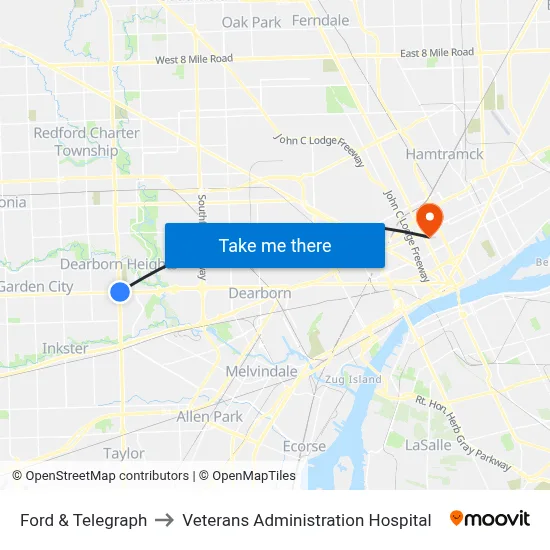 Ford & Telegraph to Veterans Administration Hospital map