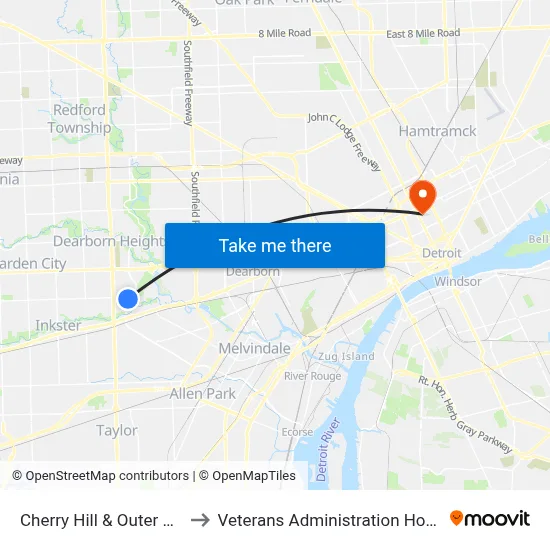 Cherry Hill & Outer Drive to Veterans Administration Hospital map