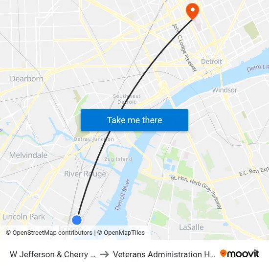 W Jefferson & Cherry Grove to Veterans Administration Hospital map