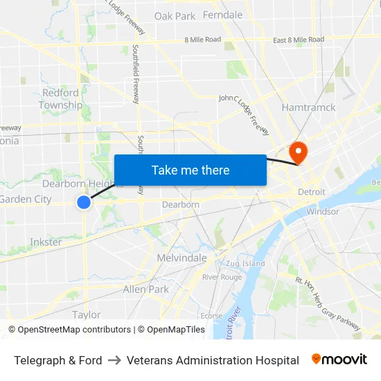 Telegraph & Ford to Veterans Administration Hospital map
