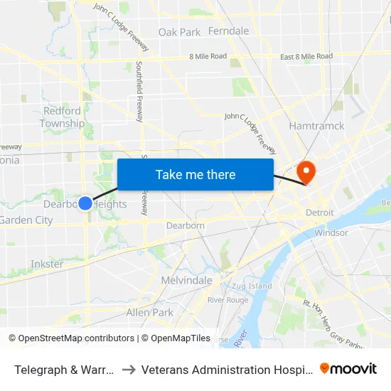 Telegraph & Warren to Veterans Administration Hospital map