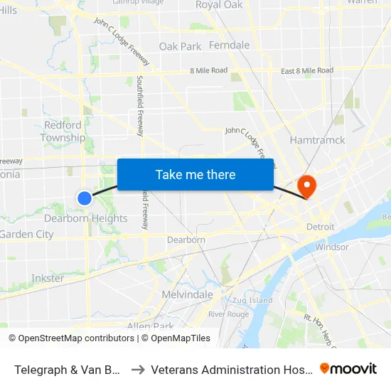 Telegraph & Van Buren to Veterans Administration Hospital map