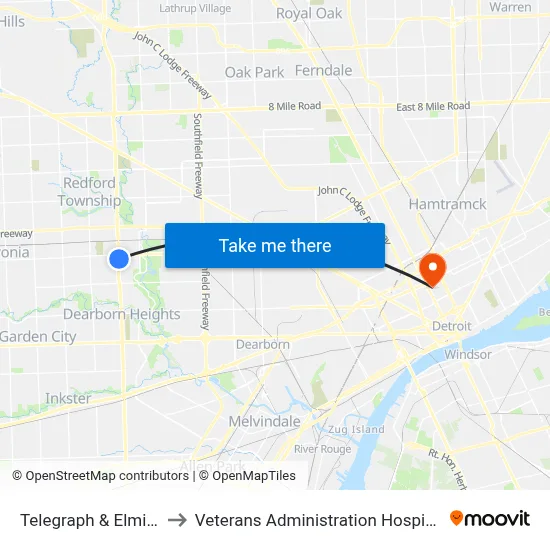 Telegraph & Elmira to Veterans Administration Hospital map